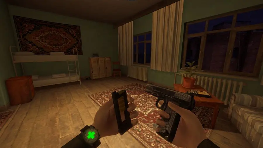 A green-walled apartment interior with rugs and bunk beds, seen over the player's raised weapon
